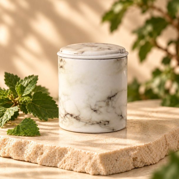 Mahonie Métallique : Exquisite Patchouli Candle, three-quarter view on pale natural stone.