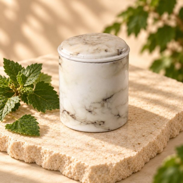 Mahonie Métallique : Exquisite Patchouli Candle, elevated view on pale natural stone.