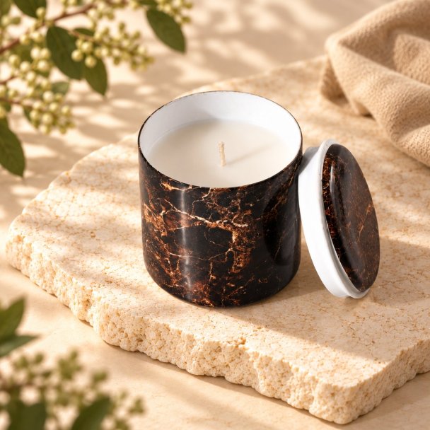 Mahonie Métallique : Midnight Musk Candle, elevated view on pale natural stone.