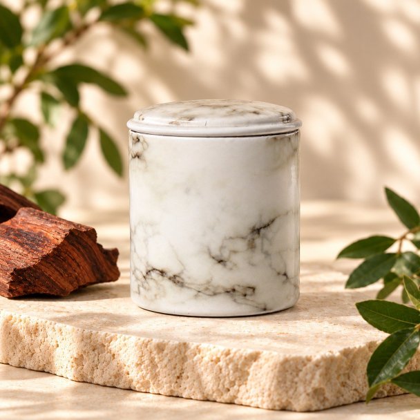 Mahonie Métallique : Noble Rosewood Candle, three-quarter view on pale natural stone.