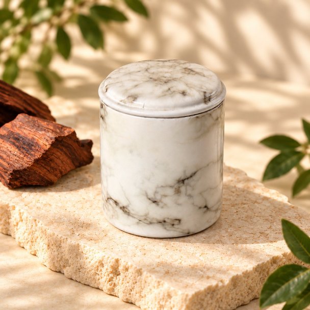 Mahonie Métallique : Noble Rosewood Candle, elevated view on pale natural stone.