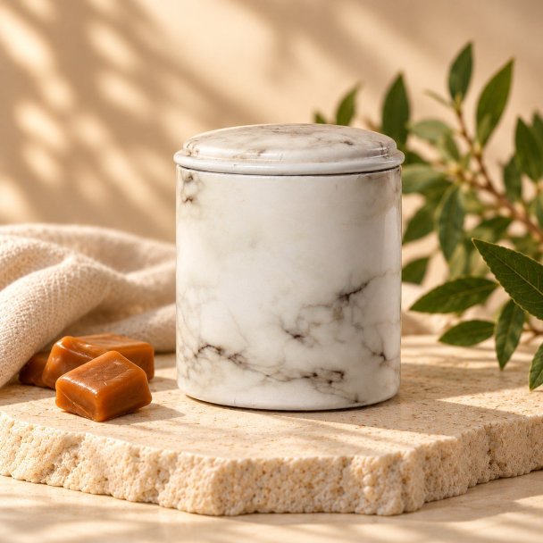 Mahonie Métallique : Silk & Satin Caramel Candle, three-quarter view on pale natural stone.