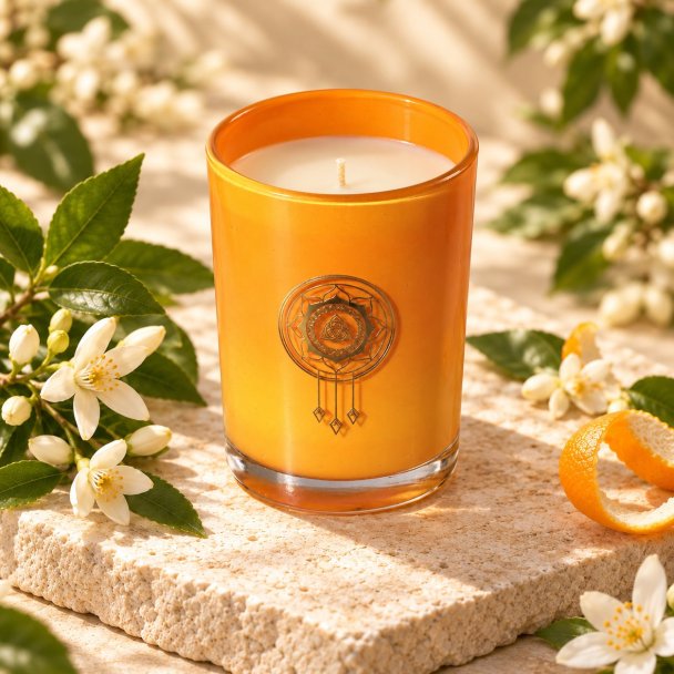 Mahonie Orange Blossom Candle, elevated view on pale natural stone.