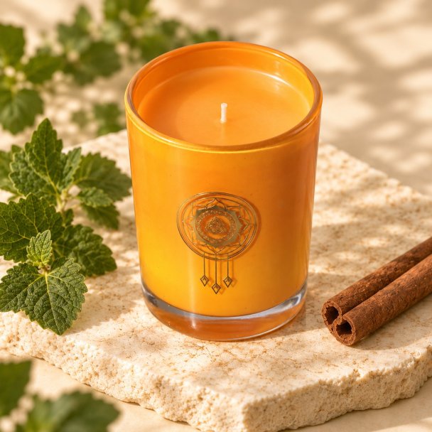 Mahonie Patchouli and Cinnamon Candle, elevated view on pale natural stone.