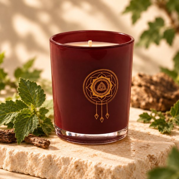 Mahonie Patchouli Candle, three-quarter view on pale natural stone.