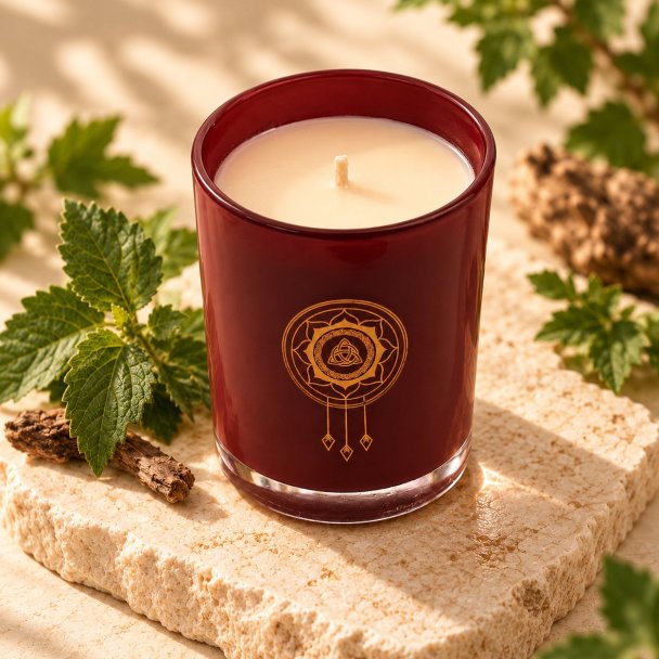 Mahonie Patchouli Candle, elevated view on pale natural stone.