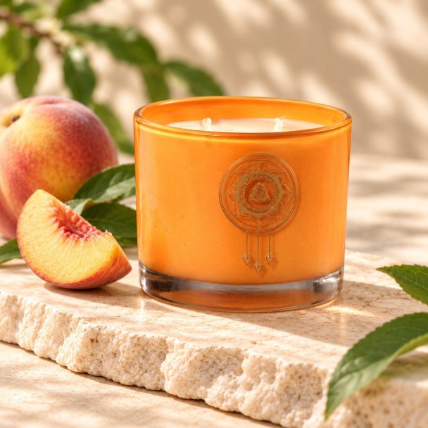 Mahonie Peach Candle, three-quarter view on pale natural stone.