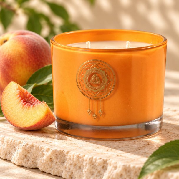 Mahonie Peach Candle, closer view of its original materials and surface details.