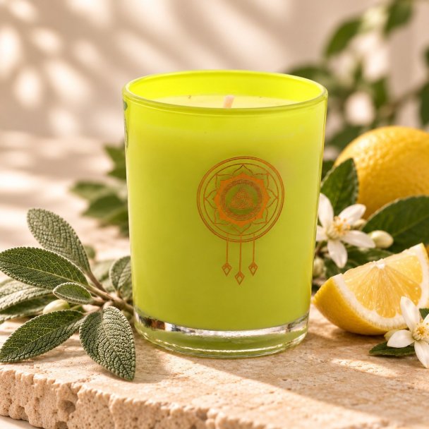 Mahonie Sage & Citrus Candle, three-quarter view on pale natural stone.
