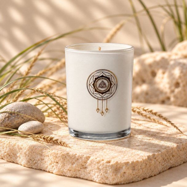 Mahonie Saltwater Sea Musk Candle, three-quarter view on pale natural stone.