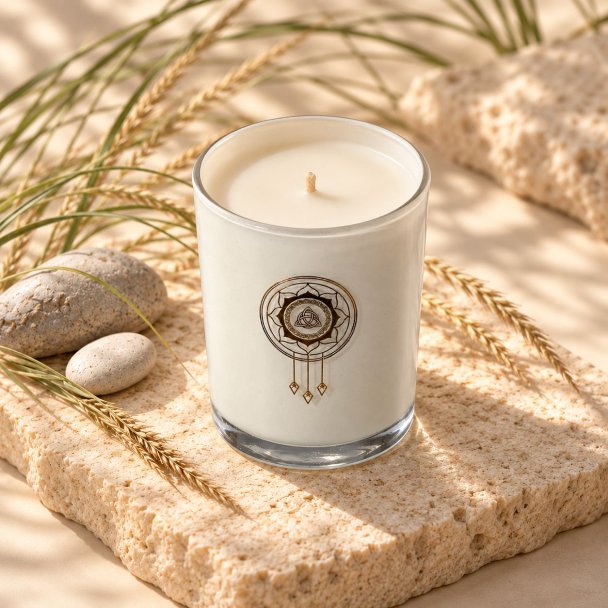 Mahonie Saltwater Sea Musk Candle, elevated view on pale natural stone.