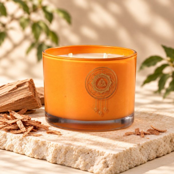 Mahonie Sandalwood Candle, three-quarter view on pale natural stone.