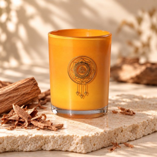 Mahonie Sandalwood Candle, three-quarter view on pale natural stone.