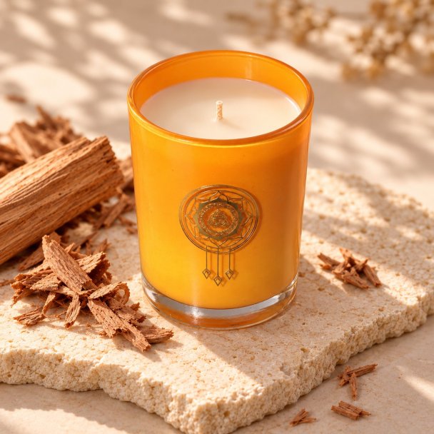 Mahonie Sandalwood Candle, elevated view on pale natural stone.