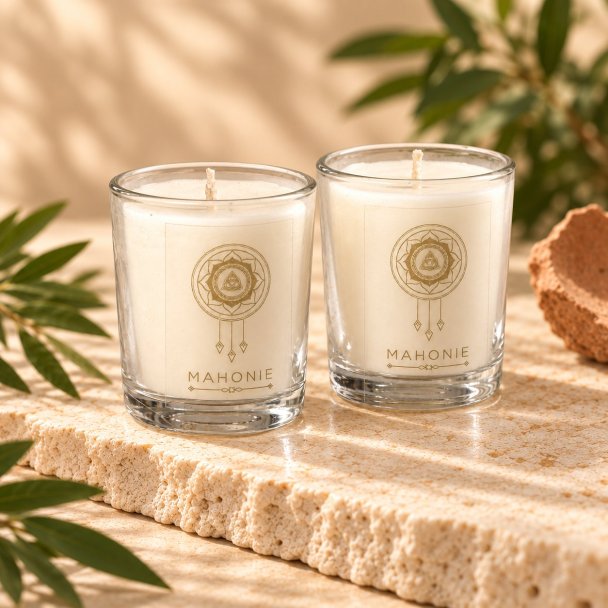 Mahonie Shot Glass Pair : Gilli Mitti Candle, three-quarter view on pale natural stone.