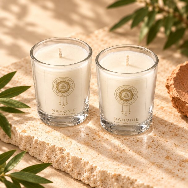 Mahonie Shot Glass Pair : Gilli Mitti Candle, elevated view on pale natural stone.