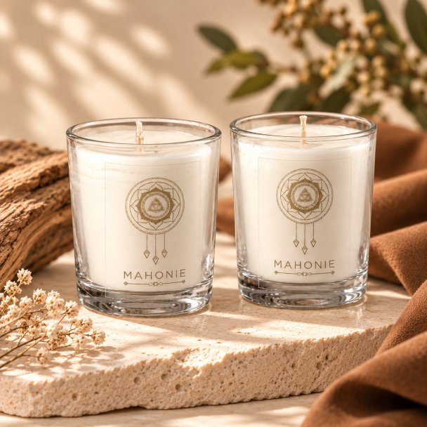 Mahonie Shot Glass Pair : Musk & Leather Candle, three-quarter view on pale natural stone.