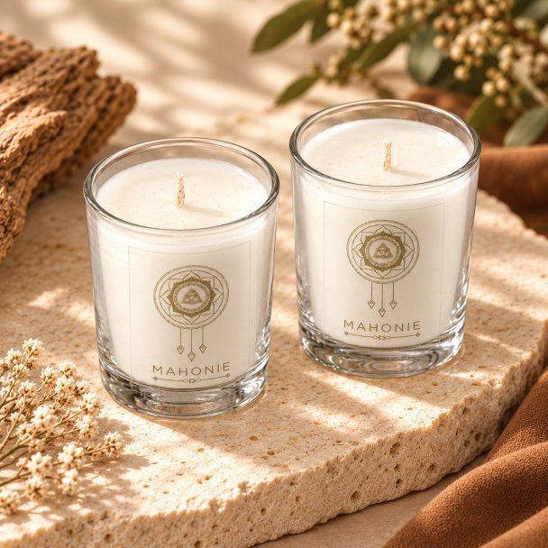 Mahonie Shot Glass Pair : Musk & Leather Candle, elevated view on pale natural stone.