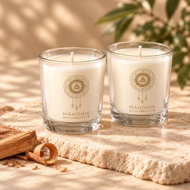 Mahonie Shot Glass Pair : Sandalwood Candle, three-quarter view on pale natural stone.