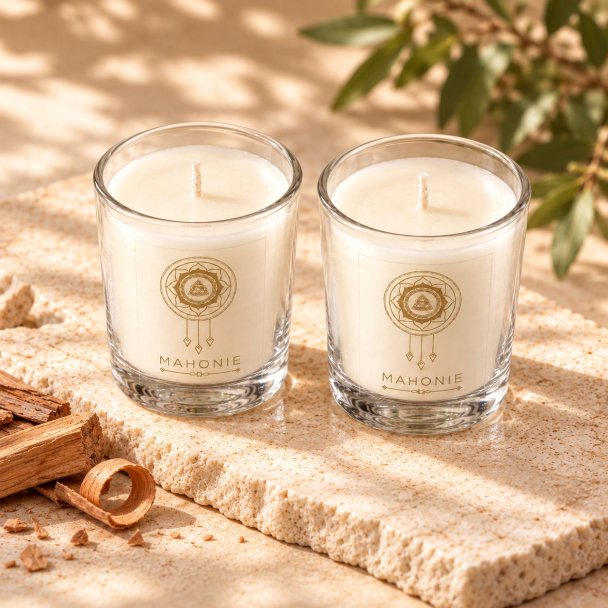 Mahonie Shot Glass Pair : Sandalwood Candle, elevated view on pale natural stone.
