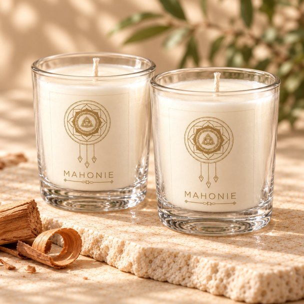 Mahonie Shot Glass Pair : Sandalwood Candle, closer view of its original materials and surface details.
