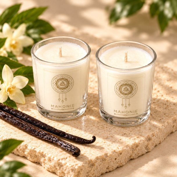 Mahonie Shot Glass Pair : Vanilla Candle, elevated view on pale natural stone.