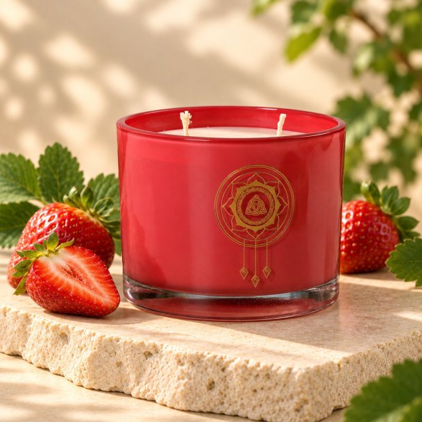 Mahonie Strawberry Candle, three-quarter view on pale natural stone.