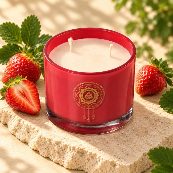 Mahonie Strawberry Candle, elevated view on pale natural stone.