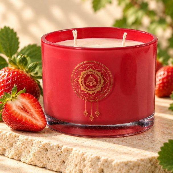 Mahonie Strawberry Candle, closer view of its original materials and surface details.