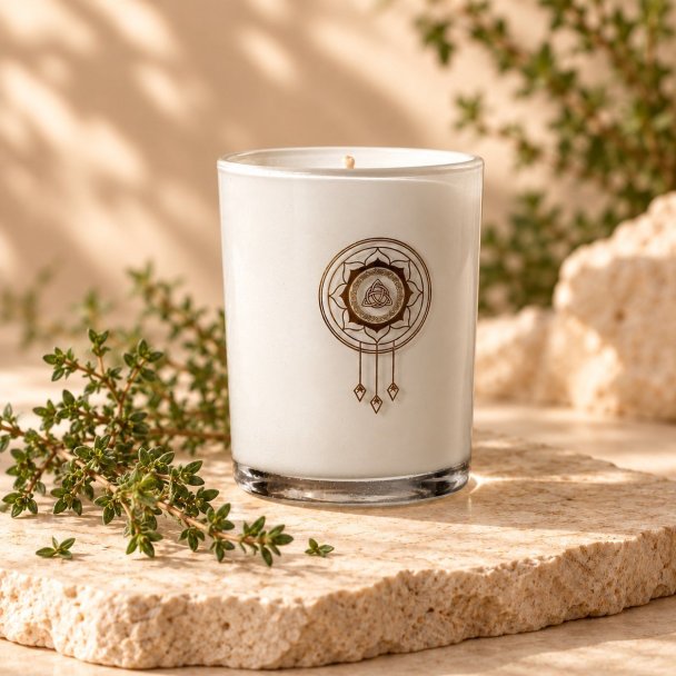 Mahonie Thyme candle, three-quarter view on pale natural stone.