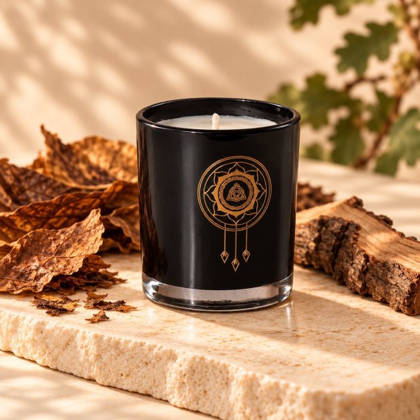 Mahonie Tobacco & Oakwood Candle, three-quarter view on pale natural stone.