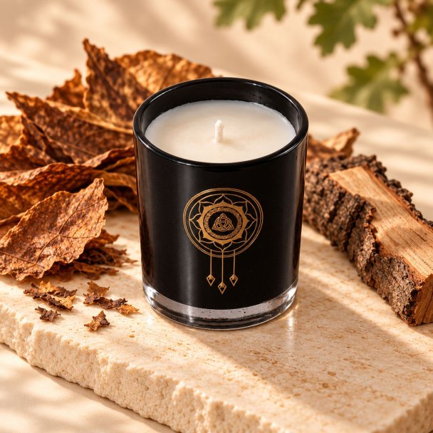 Mahonie Tobacco & Oakwood Candle, elevated view on pale natural stone.
