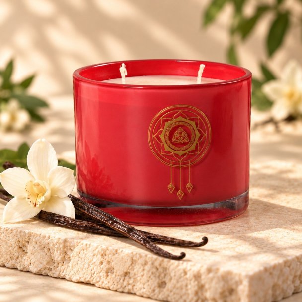 Mahonie Vanilla Candle, three-quarter view on pale natural stone.