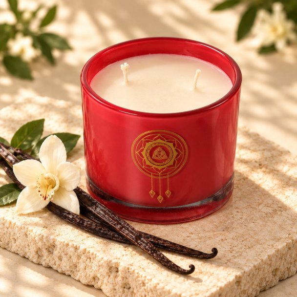 Mahonie Vanilla Candle, elevated view on pale natural stone.