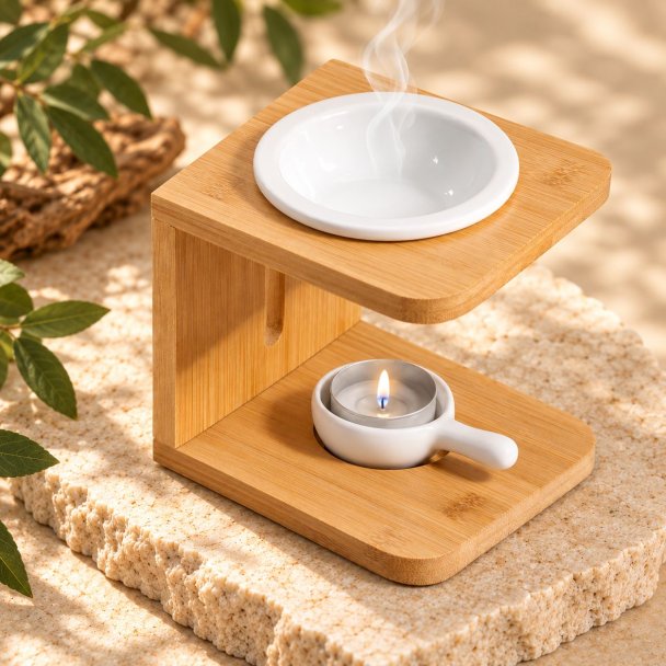 Mahonie Wooden Wax Melt Burner with Candle Holder, elevated view on pale natural stone.