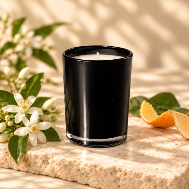 Mahonie Yan Single Wicked Candle - Nerolie, three-quarter view on pale natural stone.