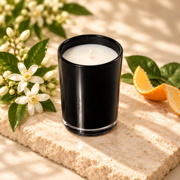 Mahonie Yan Single Wicked Candle - Nerolie, elevated view on pale natural stone.