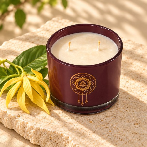 Mahonie Ylang-Ylang Candle, elevated view on pale natural stone.