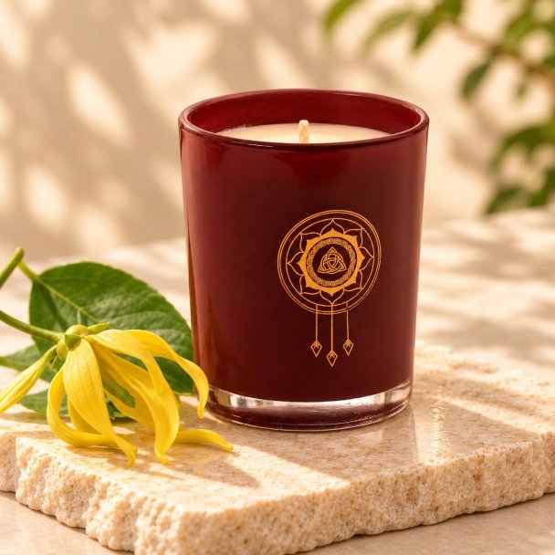 Mahonie Ylang-Ylang Candle, three-quarter view on pale natural stone.