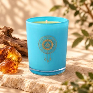 Mahonie Amber Candle, turquoise glass, on pale natural stone.