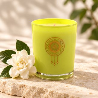 Mahonie Gardenia Candle, yellow-green glass, on pale natural stone.