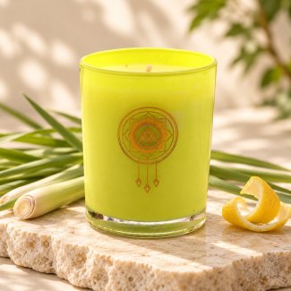 Mahonie Lemon Grass & Citruswood Candle, yellow-green glass, on pale natural stone.