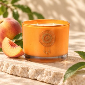 Mahonie Peach Candle, orange glass, on pale natural stone.