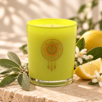 Mahonie Sage & Citrus Candle, yellow-green glass, on pale natural stone.