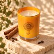 Mahonie Cinamon & Clove Candle, elevated view on pale natural stone.