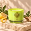 Mahonie Citrus Wood Candle, three-quarter view on pale natural stone.