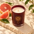 Mahonie Grape Fruit Candle, elevated view on pale natural stone.