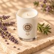 Mahonie Lavender Candle, elevated view on pale natural stone.
