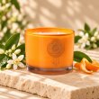 Mahonie Orange Blossom Candle, three-quarter view on pale natural stone.