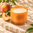 Mahonie Peach Candle, elevated view on pale natural stone.
